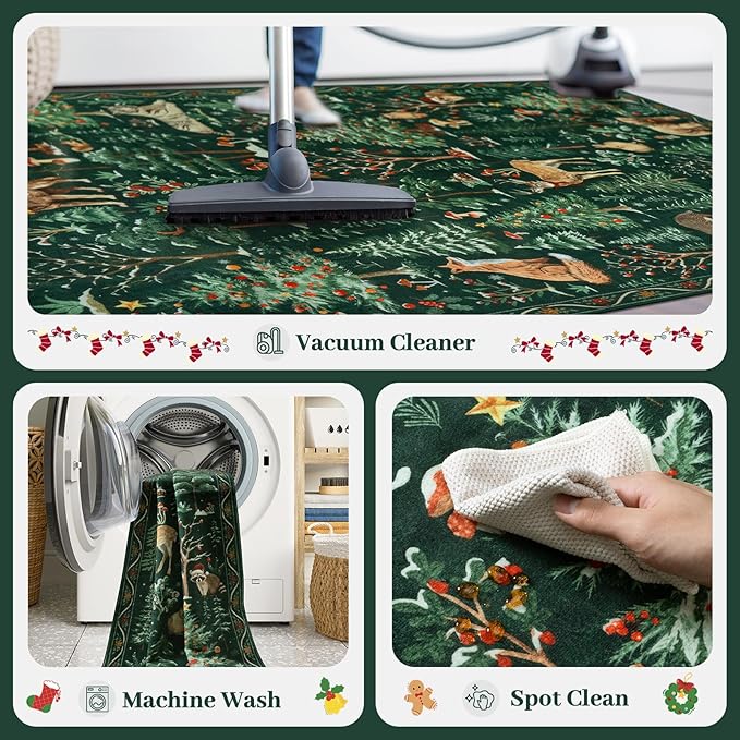OJIA Christmas Area Rug 8x10 Green Rugs for Living Room, Xmas Animal Washable Rugs 8x10 Soft Bedroom Throw Rug, Holiday Dining Room Carpet Non-Slip Low Pile Carpet for Kids Room Nursery