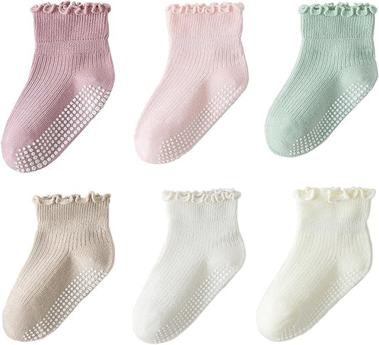 6 Pairs Toddler Ruffle Socks for Girls Baby Grip Socks Non Slip Socks Cute Grippy Frilly