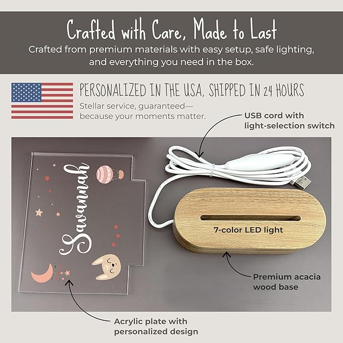 Personalized Boho Baby Night Light for Kids | Custom Name Boho Nursery Decor | Cute 7-Color Plug-in LED Rectangular Nightlight | Custom Baby Shower Gifts for Newborns, Toddlers, Girls, Boys 2-10