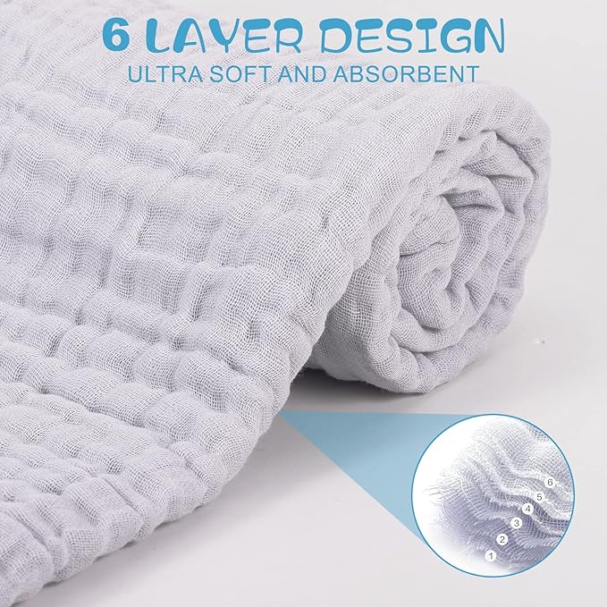 Baby Towels Muslin Baby Bath Towel 3Pack Infant Towels for Newborn Boy Girl 6 Layers Ultra Soft Cotton Toddler Towel for Baby's Delicate Skin 40x 40 Inch (Grey)
