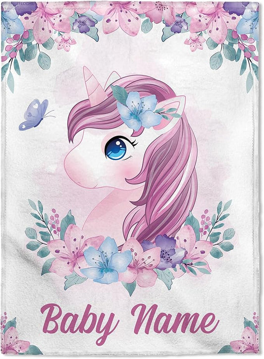 FLOCHIL Personalized Baby Blanket for Girls, Custom Baby Blanket with Name, Customized Baby Products, Gift for Baby, Newborn, Baby Shower (Unicorn)
