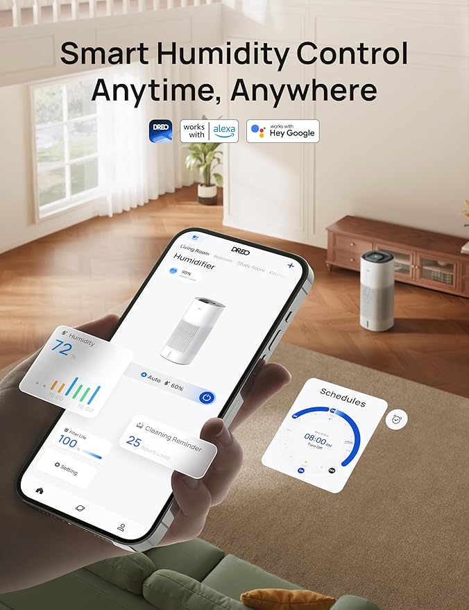 DREO Smart Evaporative Humidifier Large Room up to 1000ft², 800ml/h High Output Air Humidifiers for Bedroom, 10L, 50H Long Runtime with Precise Humidification for Plants, Home, Office, White, HHM774S