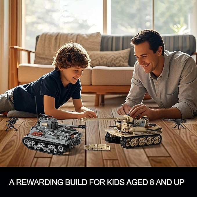 WW2 Army Tank Toys Building Kit Compatible with Lego, Create a German Tiger & an American M4 Sherman Models with 1184 Blocks, Great Military Toy Gifts for Boys, Kids Age 8-14