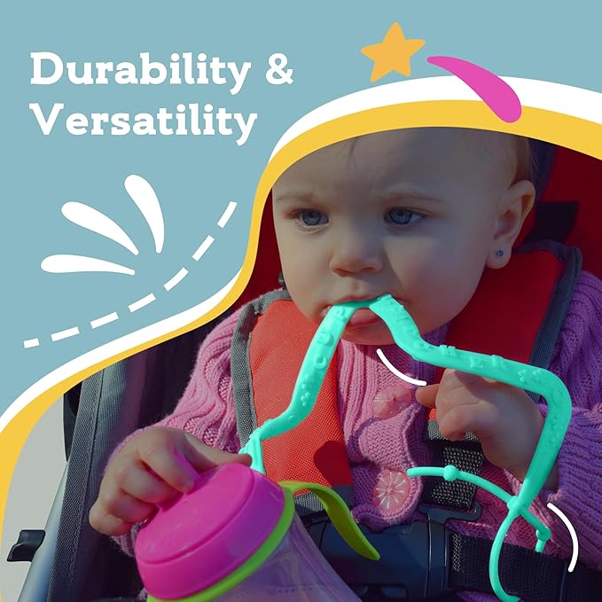 Brilli Baby Cup Catcher Patented Safety Tether Strap, Attach Sippy Cups, Bottles, Pacifiers & More to Stroller, High Chair, Car Seat, Made in USA, Food Grade, Dishwasher Safe (Pink & Pink)