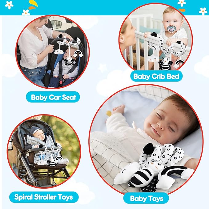 Baby Spiral Hanging Stroller and Car Seat Toys Black and White High Contrast Sensory Toy Newborn Plush Activity Toys Party Favors Quality Gifts for Baby Shower -BEE