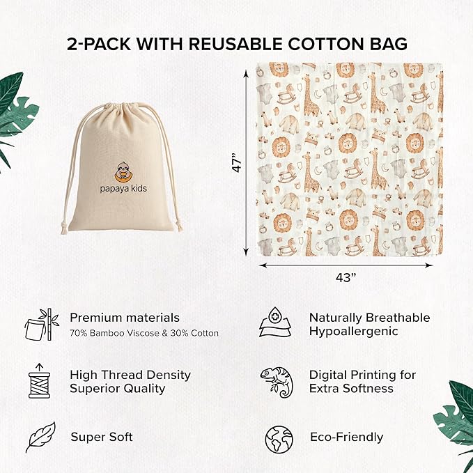 Muslin Swaddle Blankets - Large Soft Bamboo Viscose & Cotton Baby Swaddle Blanket, Breathable Receiving Blanket for Newborn Essentials, 2-Pack (Safari Dream)