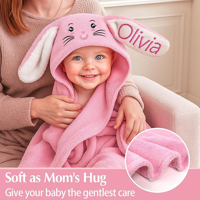 Custom Hooded Bath Towel with Name, Personalized Highly Absorbent Bunny Towels, Baby Bath Towels for Girls Boys, Christmas Brithday Shower Gifts for Baby, Toddler, Newborn (Pink)