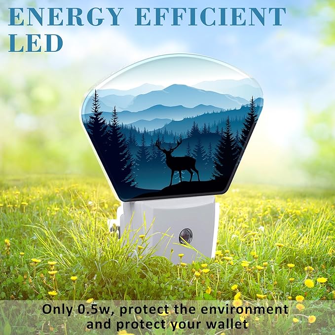 Blue Misty Mountains Plug in Night Lights, Deer Nightlight Plug Into Wall Dusk to Dawn Sensor for Kid Girls Boys Women Men Bedroom, Hallway, Kitchen, Bathroom, Stairs Decor