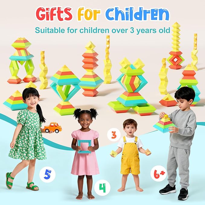 100Pcs Montessori Toys for Ages 1-3 2-5 Toddlers Kids Baby,Pyramid Stacking Building Toys,3D Preschool Learning Blocks for Kids,STEM Sensory Toy Gifts for 2-4 Year Old Boy Girl,Big Plastic Storage Box