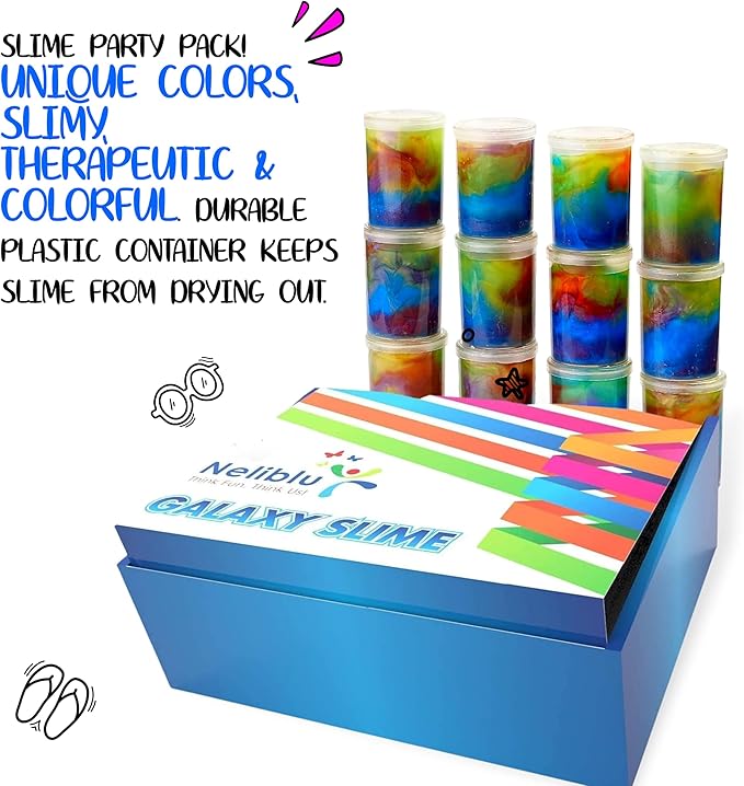 Neliblu Galaxy Slime Kit - 12 Pack of 4 oz Galaxy Slime Party Favors for Kids, Fun DIY Decoration and Self-Calming Toys - Marble Rainbow Slime Set for Girls - Goodie Bag Stuffers and Birthday Gifts
