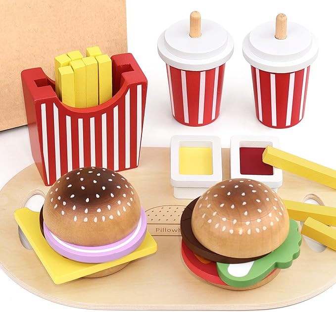 Wooden Play Food Toy for Kids Pretend Play Kitchen Accessories for Toddlers Wooden Play Fast Food Hamburger Set Educational Toys Gift for Boys Girls