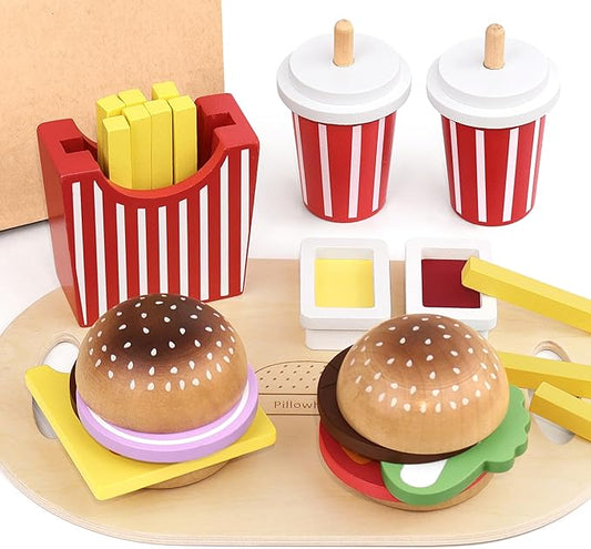 Wooden Play Food Toy for Kids Pretend Play Kitchen Accessories for Toddlers Wooden Play Fast Food Hamburger Set Educational Toys Gift for Boys Girls