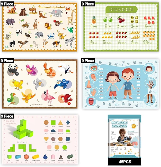 45 Pack Sticky Disposable Placemats for Baby & Toddlers,Toddler Placemat 12"x18" Kids Table Mat for Party, Picnic Table, Restaurants Dining Table Travel Essentials for Toddlers with 5 Designs