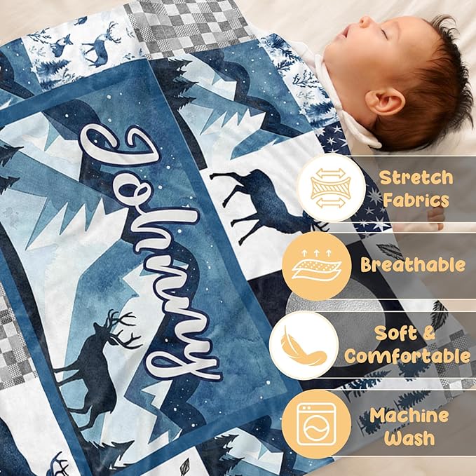 Personalized Woodland Deer Baby Blanket with Name, Custom Baby Name Blanket for Toddler Infant, Double Layer Receiving Swaddle, Customized Gifts for Newborn Shower Birthday Expect Mom(30"x40")