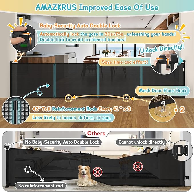 180'' Retractable Baby Gates Extra Wide,42" Extra Tall Retractable Dog Gate for Doorways,Safety Upgrade 15 Foot Extra Long Retractable Baby Gate for Stairs, Black Indoor/Outdoor Retractable Gate