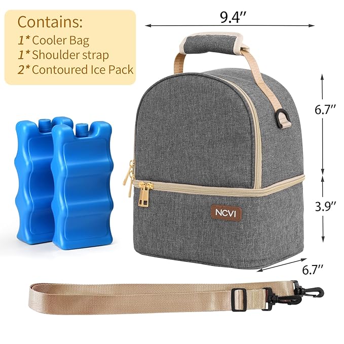 NCVI Breastmilk Cooler Bag with 2 Ice Pack, Breast Pump Bag with Cooler Fits 6 Bottles, Double Layer Breast Milk Baby Bottle Cooler Bag, for Travel, Nursing Mom Daycare, Work, Picnic (Grey)