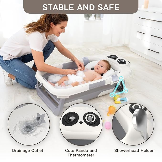 Collapsible Baby Bathtub for Newborn, Baby Bath Tub with Thermometer & Soft Floating Cushion & Drain Hole for Infant to Toddler, Portable Travel Bathtub with No-Slip Feet for 0-36 Months-Gray