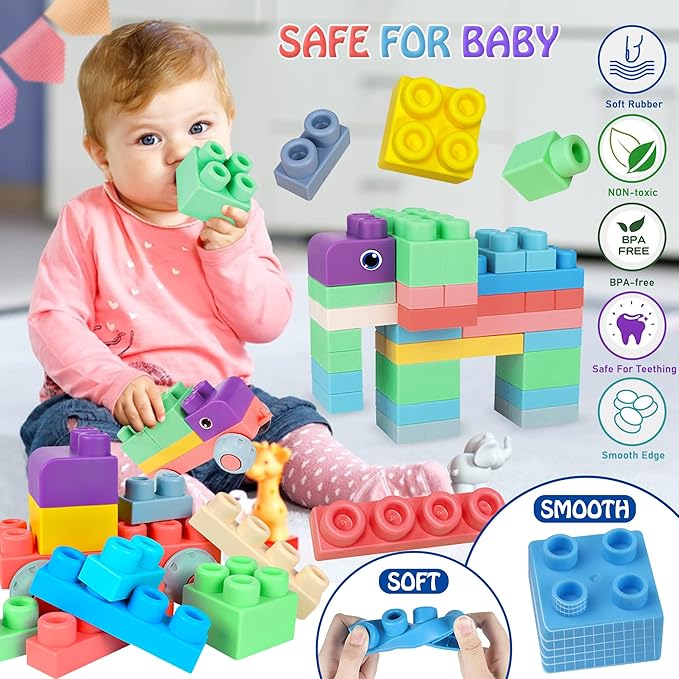 Baby Soft Blocks Building Block Toys, Blocks for Babies 6 Months and Up STEM Educational Toddler Gifts, Soft Rubber Baby Blocks 12-18 Months Big Building Blocks Sensory Toys, 70PCS