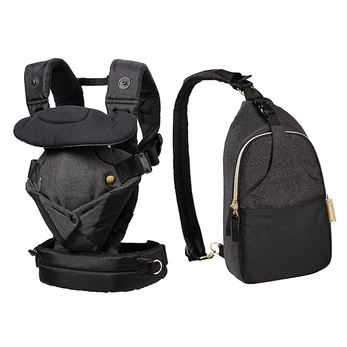 Infantino Flip 4-in-1 Convertible Baby Carrier & Crossbody Diaper Bag - Grow-with-Me Carrier with Attachable Crossbody Diaper Bag, Black and Gold, 2-Piece Set