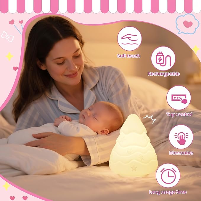 Night Light for Kids, Rechargeable Dimmable Silicone LED Nightlight with 7 Colors, Baby Nursery Night Lamp, Touch Squishy Lamp, Cute Gifts for Girls, Boys, Toddler Room Decor, Christmas Tree