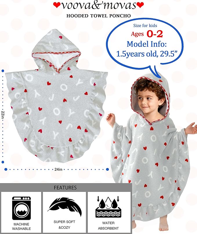 VOOVA & MOVAS Baby Hooded Towel Poncho with Ruffle Trim | Soft 100% Cotton | Absorbent Thick Towel for Bath, Swim, Beach & Winter | Cozy, Gray Joy