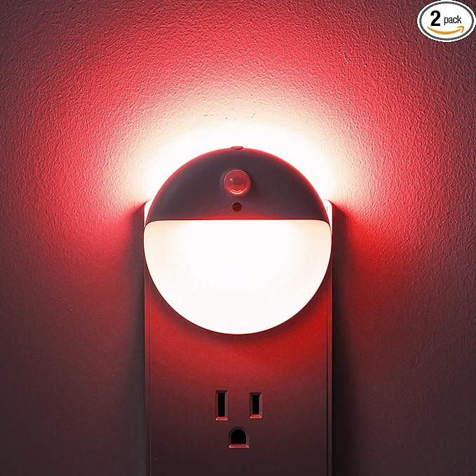 2 Pack Plug in Red Sleep Night Light with Motion Sensor and Dusk to Dawn Sensor, 3 Modes, Soft Glow, Stepless Dimming, LED Lights for Bedroom, Sleep, Baby Nursery, Kids, Toddler, Home Decor