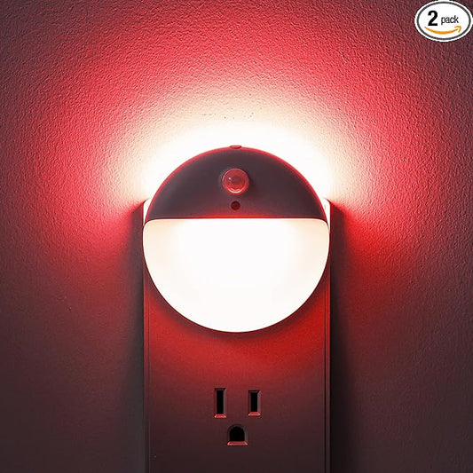 2 Pack Plug in Red Sleep Night Light with Motion Sensor and Dusk to Dawn Sensor, 3 Modes, Soft Glow, Stepless Dimming, LED Lights for Bedroom, Sleep, Baby Nursery, Kids, Toddler, Home Decor