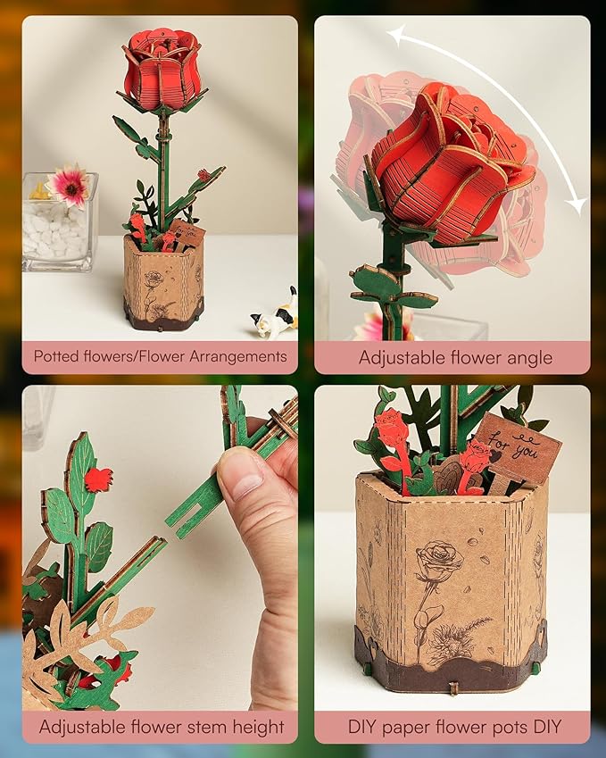 3D Flower Wooden Puzzles for Adults-Red Rose, DIY Wooden Flowers Model Kit Building Set Crafts for Adults to Build, Botanical Collection/Ideal Creative Gift Ideas/Housewarming (106PCS)