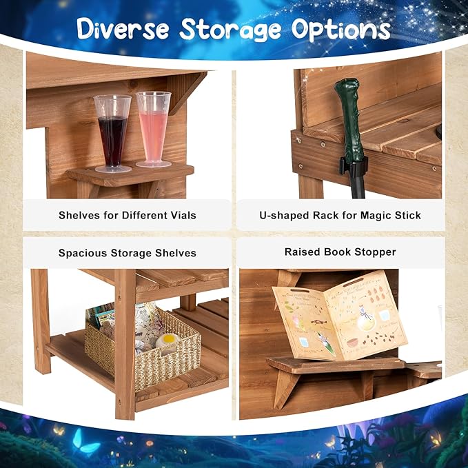 Mud Kitchen Playset for Kids, Wooden Magic Kitchen Set w/Wand, Recipe, Removable Sink, Faucet, Stove, Toddler Outdoor Pretend Play Kitchen, Witch Role Play, Fairy Potion, Gift for Boys Girls