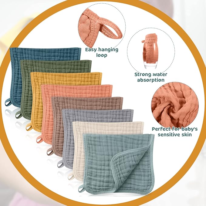 8 Packs Muslin Burp Cloths 6 Layers Unisex Baby Items Absorbent Burp Rags Colorful Muslin Washcloths for Baby Plain Soft Cotton Cloth for Babies Girls Boys, 10 x 20 Inch (Beautiful Colors)