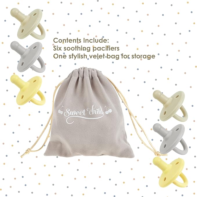 Sweet Child Pacifiers 0-18 Months, Set of 6 Ultra-Light Silicone Binkies with Collapsible Handle & 3 Air Holes for Added Safety, Best Newborn Pacifiers for Baby Boys Or Girls