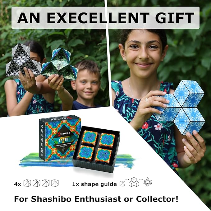 SHASHIBO Shape Shifting Box - Award-Winning, Patented Fidget Cube w/ 36 Rare Earth Magnets - Transforms Into Over 70 Shapes, Gift Box, Download Fun in Motion Toys Mobile App (Earth, 4 Pack)