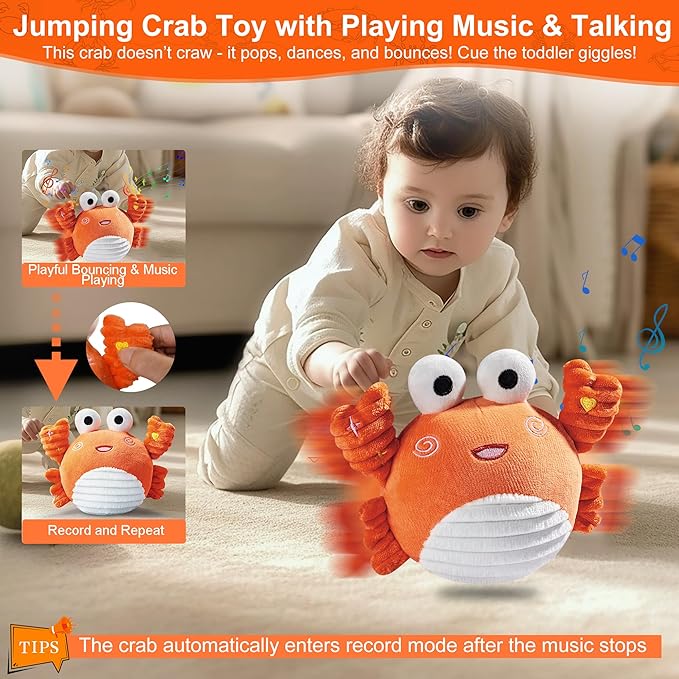 Dancing Crab Baby Toy - Musical Crawling Crab with Talking & Bouncing, Ultra-Soft Plush Infant Sensory Toy for Newborn 0-3, 3-6, 6-12 Months, Toddlers Tummy Time Gifts