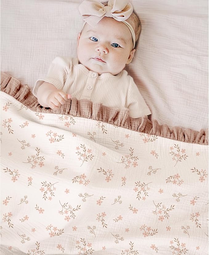 Konssy Flounce Muslin Baby Blankets, Cotton Crib Blanket for Baby Infant Toddler, Super Soft and Lightweight Nursery Blankets 40"x36" (Petal Dream)