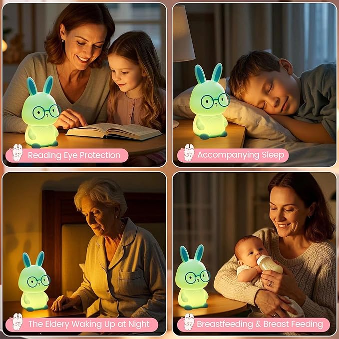 Bunny Night Light for Kids, Soft Silicone Nursery Lamp, 7-Color Glow, 3-Level Dimmable Warm Light, Tap Control, 30Min Timer, Rechargeable, BPA-Free, Easter & Birthday Gift, Baby Room Decor, Green