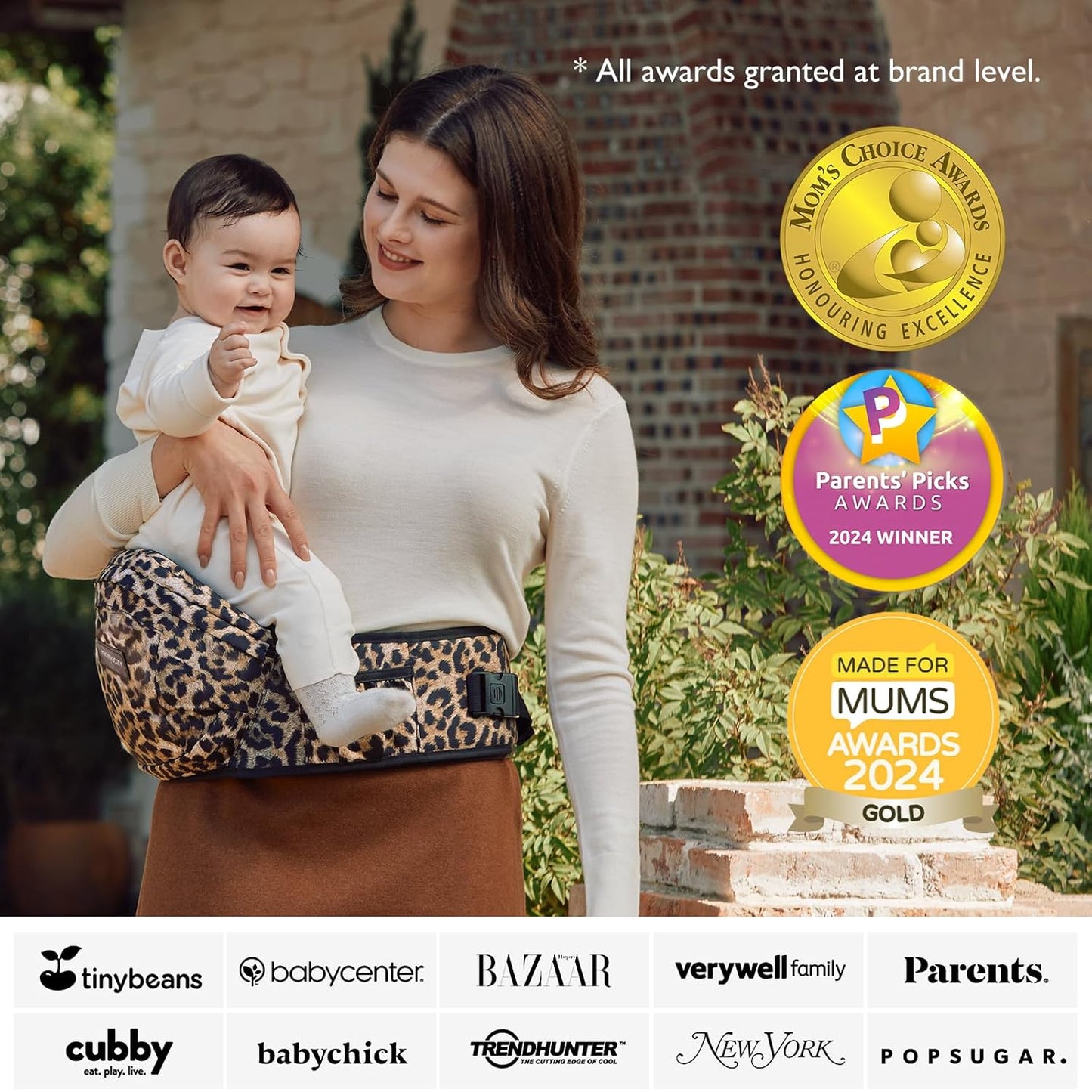 Momcozy Hip Seat Baby Carrier - Adjustable Waistband with Original 3D Belly Protector, Ergonomic Carrier with Various Pockets for Newborns & Toddlers up to 45lbs (Leopard, Large)