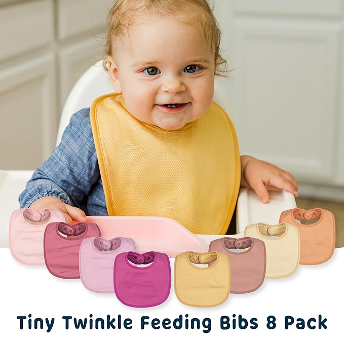 Tiny Twinkle 8 Pack Baby Bibs for Drooling and Teething – Waterproof & Absorbent Bibs for Baby Girl & Boy, Machine Washable Infant Bib Set for Newborns and Toddlers (Girl Set 8-Pack)