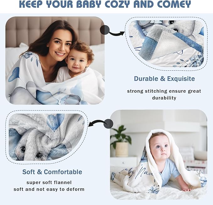 Personalized Baby Blanket for Boy Girl Newborn Custom Elephant Blanket with Name Customized Gifts for Baby Shower Birthday Christmas
