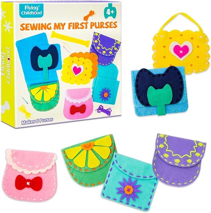 Flying Childhood Soft Felt Sewing Kit for Kids, Sewing My First Purses, Create 6 Simple and Cute DIY Sewing Bag Projects, Birthday Gifts Toys for Girls 4-12 Years Old, Help Improve Fine Motor Skills