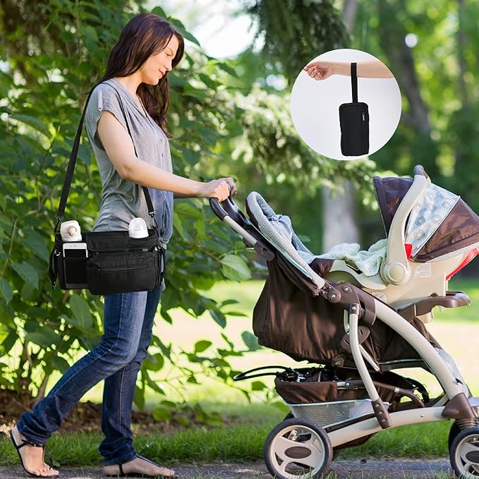 Momcozy NON-SLIP Universal Stroller Organizer | Insulated Cup Holder | Detachable Phone Bag & Shoulder Strap | Fits Uppababy, Baby Jogger, Britax, BOB, Umbrella and Pet Stroller
