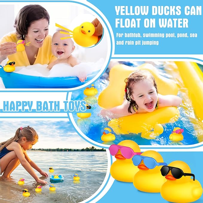 24 Pcs Mini Rubber Ducks with Sunglasses, Rubber Ducks in Bulk Valentine Bathtub Toys for Cruise Valentines Kids Classroom Gift Exchange(Eyeglasses,Yellow, Blue, Pink, Black)