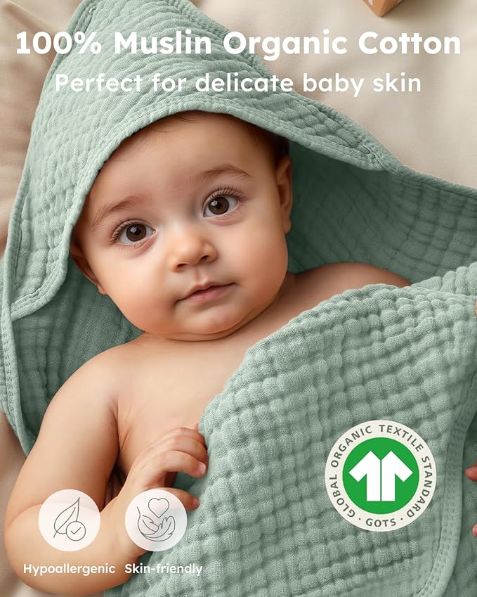 Yoofoss Hooded Baby Towels for Newborn 2 Pack 100% Muslin Organic Cotton Baby Bath Towel with Hood for Babies, Infant, Toddler and Kids, 37.5“x37.5“, Soft and Absorbent Newborn Essential,Blue&Green