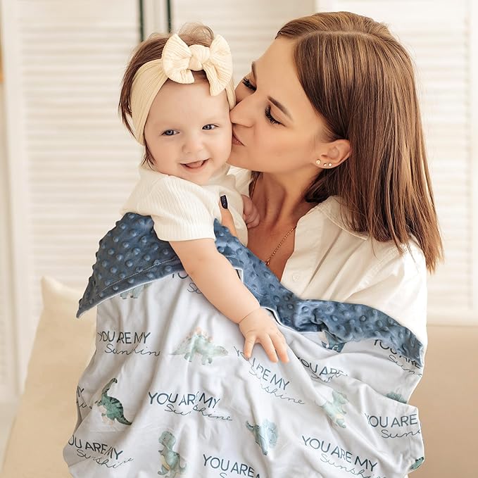 Dinosaur Baby Blankets for Boys, Super Soft Newborn Nursery Blanket with Double Layer Dotted Backing - Blue Babies Minky, Cozy Printed Bed Throw Blanket (30" x 40")