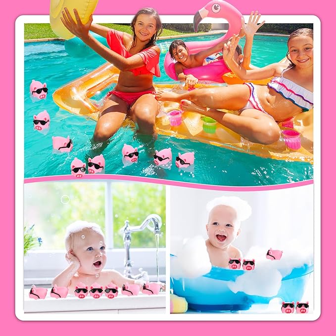 Liliful 100 Sets Mini Rubber Pig Bath Toy with Sunglasses Pink Float and Squeak Pig Bathtub Toys for Baby Shower Halloween Christmas Birthday Party Supplies