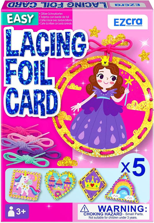 EZCRA Premium Foil Edge Lacing Cards for Kids Ages 3-6 | 5 Double-Sided Princess and Unicorn Sewing Cards with Multilingual Learning | Durable Cardboard Fine Motor Skills Activity Kit