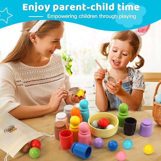 Ball in Cup Montessori Wooden Rainbow Color Sorting Toy for Toddlers - Preschool Color Matching - 12 Balls 40mm