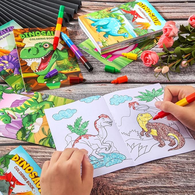 BenLouis 12 Dinosaur Mini Coloring Books Kids with 12 Stacking Crayons Dino Party Favors Small Activity Books Bulk for Kids Jurassic Party Gift Goodie Bag Stuffers