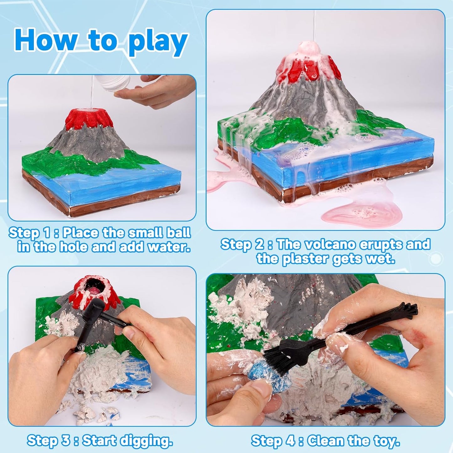 Volcano Science Kit - 6 Rocks Gemstone Excavation Kit, Dinosaur Fossil Digging Kit for Kids，Erupting Volcano Toy Rock Collections STEM Toys Gift for Boys & Girls