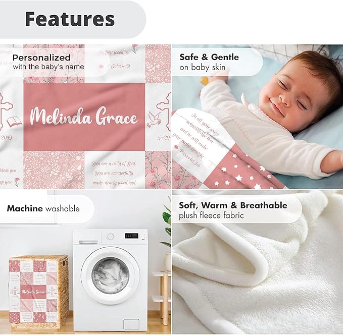 MDPrints Custom Baby Blankets for Boys and Girls, Personalized Baby Gifts, Customized Newborn Blanket with Name, Minky Plush Fleece (Baptism TM01)