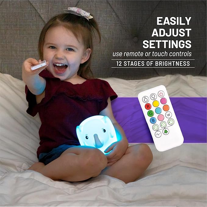 Lumipets Remote Control Silicone Night Light for Kids - Elephant Design with 9 Soft Colors & Sleep Timer - Rechargeable, Battery-Operated Lamp for Bedroom | Baby Nursery, Toddler, Girls, Boys